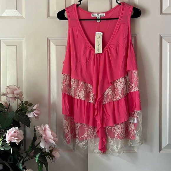 French Laundry Tops - French Laundry Women’s Size XL Floral Lace Ruffle Tiered Tank Sugar Rose Pink